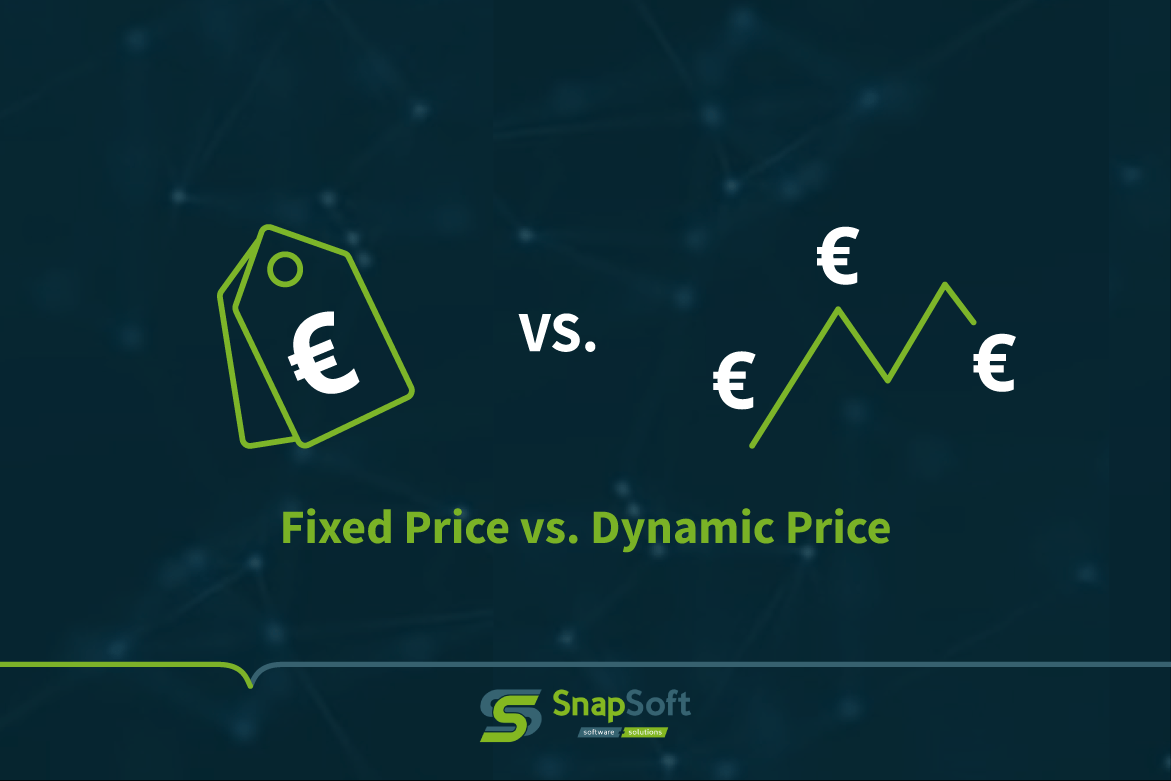 On a dark blue background, a price day with a euro sign is shown next to an ascending graph curve. Below it is the topic of this blog post: "Fixed Price vs. Dynamic Price". Our article explains the differences between the two pricing options. It's worth taking a look!