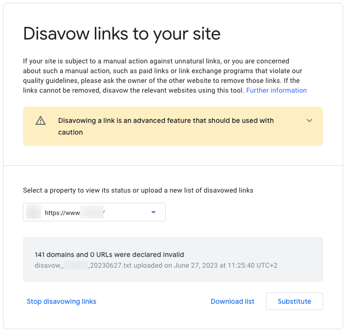 Alt tag: Screenshot of Google’s Disavow Tool for toxic backlinks.
