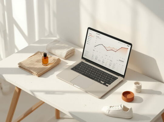 Multi-category B2B wholesale sourcing for DACH e-commerce retailers — analytics dashboard surrounded by perfumery, beauty, fashion and sports goods.