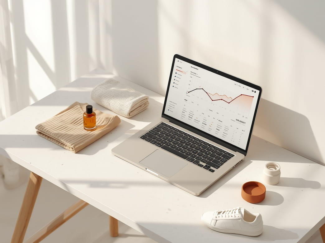 Multi-category B2B wholesale sourcing for DACH e-commerce retailers — analytics dashboard surrounded by perfumery, beauty, fashion and sports goods.