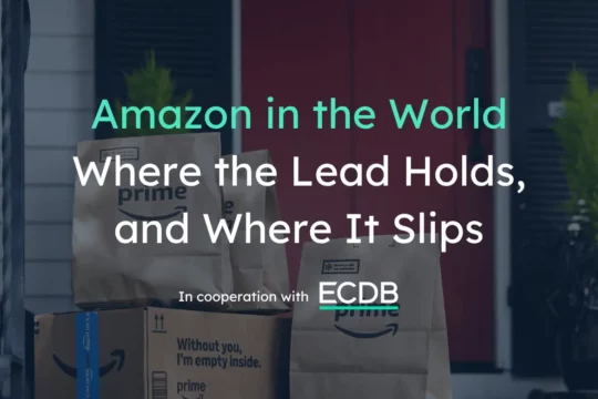 Amazon Prime delivery bags and boxes on a doorstep, with the title "Amazon in the World: Where the Lead Holds, and Where It Slips" in the article about Amazon marketplace statistics
