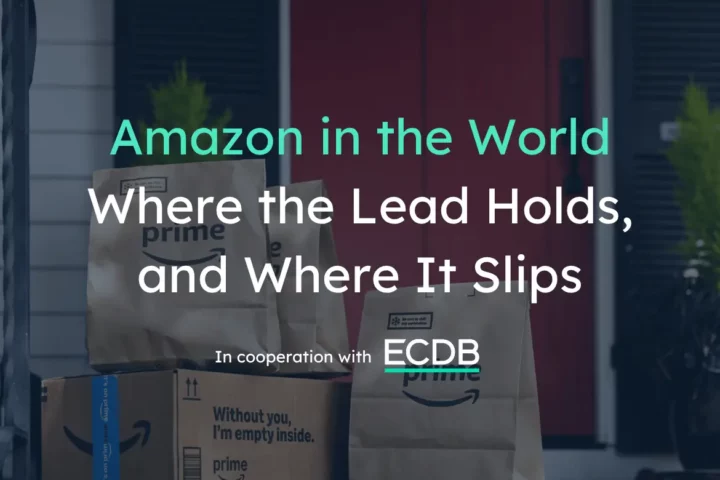 Amazon Prime delivery bags and boxes on a doorstep, with the title "Amazon in the World: Where the Lead Holds, and Where It Slips" in the article about Amazon marketplace statistics