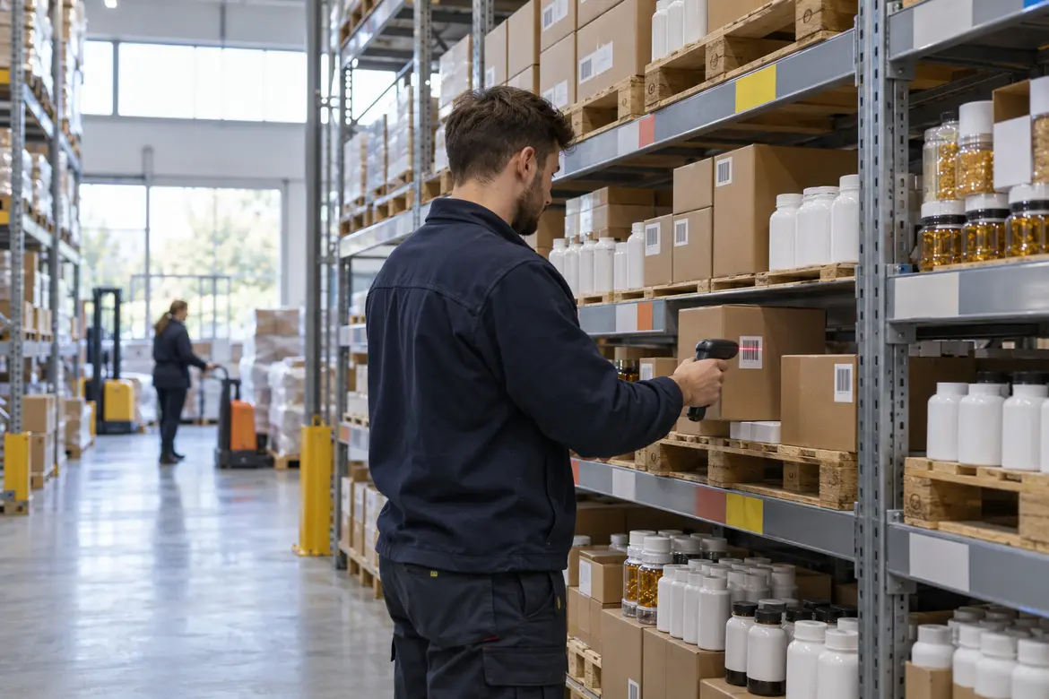 The man packing supplements in a warehouse